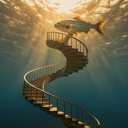Underwater photograph of a spiral staircase with a large, orange fish swimming above, sun rays filtering through the water.