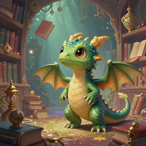 Curious Baby Dragon in Magical Library