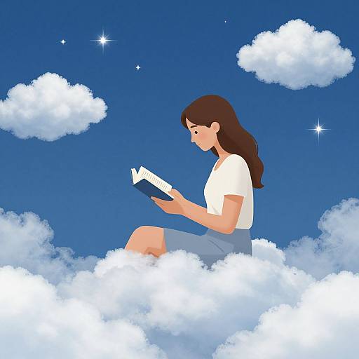 Illustration of a brunette woman with long hair, wearing a white shirt and blue skirt, sitting on a fluffy cloud, reading a book against a bright