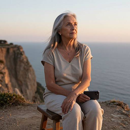 Photograph of an elderly woman with long gray hair, wearing beige top and pants, sitting on a stool at sunset, overlooking a cliff and ocean.