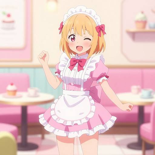 Anime-style digital drawing of a cute blonde girl in a pink and white maid outfit, winking, with a red bow, in a brightly lit café