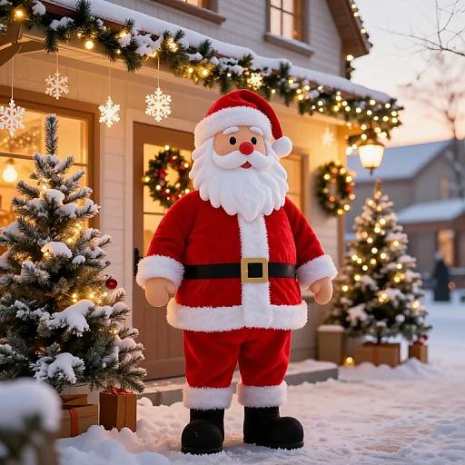 Photograph of a festive, plush Santa Claus standing in front of a snow-covered, warmly lit Christmas shop with decorated trees.