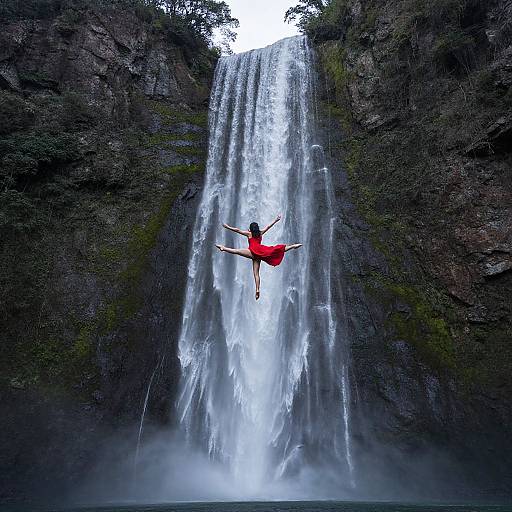 Photograph of a woman in a red dress mid-air, arms outstretched, leaping off a tall, powerful waterfall surrounded by dark, rocky