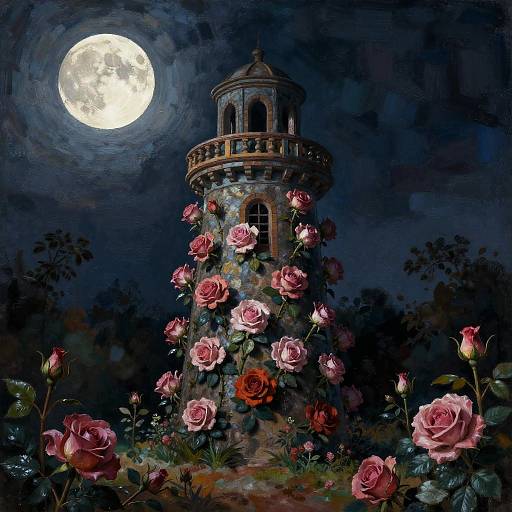 Moonlit night scene of a tower adorned with pink roses, illuminated by a bright full moon, surrounded by dark trees. Digital painting.
