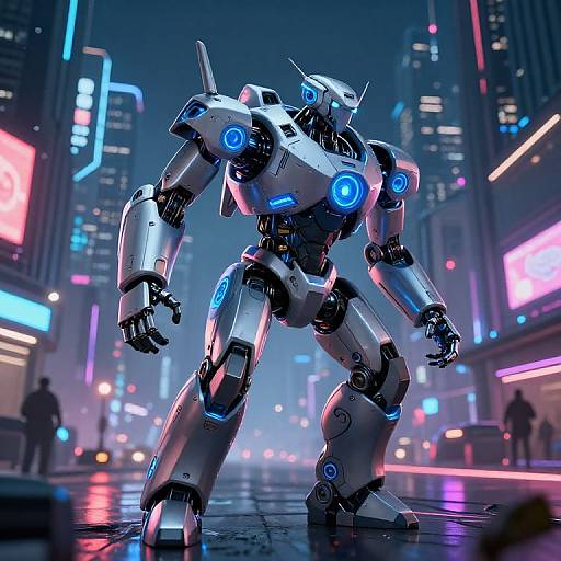 Photorealistic CGI of a glowing blue and silver humanoid robot standing in a neon-lit, futuristic city street at night.