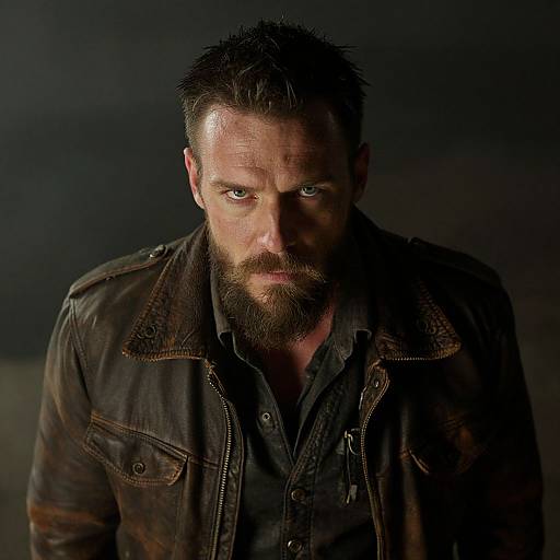 Photograph of a rugged, bearded man with intense blue eyes, wearing a dark leather jacket over a black shirt, against a dark, shadowy