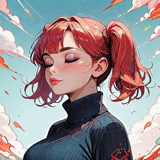 Digital anime-style portrait of a red-haired woman with pigtails, closed eyes, and pink blush, wearing a black turtleneck, against a
