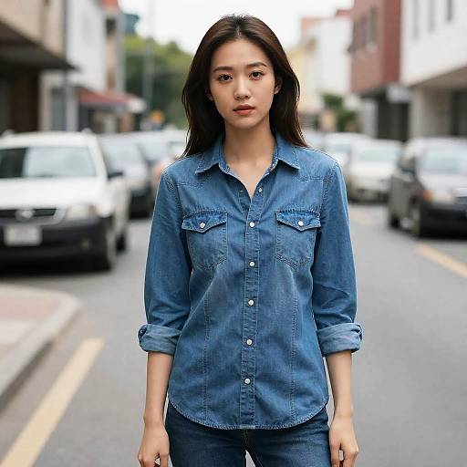 Photograph of an Asian woman with straight black hair, wearing a blue denim shirt and jeans, standing on a blurred city street with parked cars in the