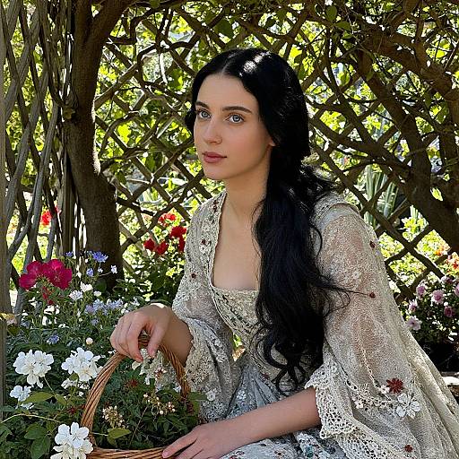 Photograph of a pale-skinned woman with long black hair, wearing a lace, off-white dress, sitting amidst a garden of colorful flowers, holding