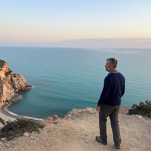 Photograph of a middle-aged man with short gray hair, black sweater, and gray pants standing on a cliff, gazing at a vast, blue