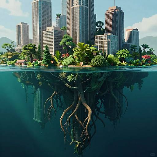 Digital artwork: Cityscape above water, lush tropical island below with exposed roots and underwater reflection of skyscrapers, clear blue sky.