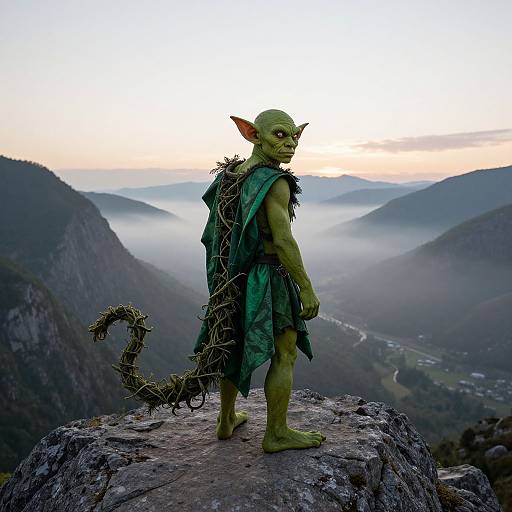 Photograph of a green-skinned, goblin-like creature with large ears, a bushy tail, and a tattered green cloak, standing on