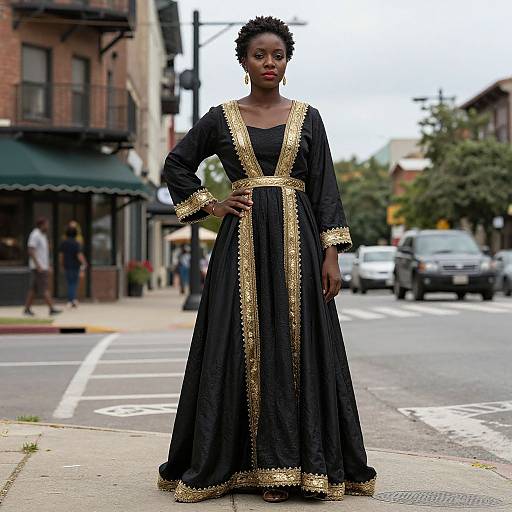 Photograph of a Black woman in an elegant black gown with gold embroidery, standing confidently on a city street.