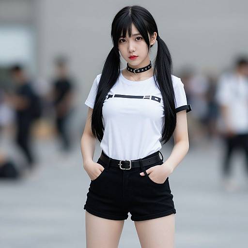 Photograph of an Asian woman with black pigtails, wearing a white t-shirt, black shorts, and a spiked choker, standing confidently with