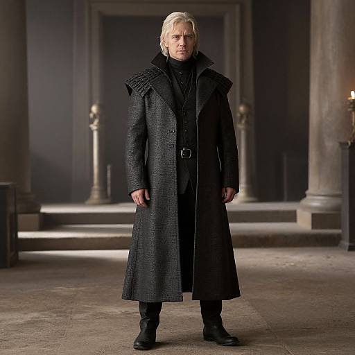 Photograph of a stern-looking, older man with blond hair, wearing a long, black, textured coat, black turtleneck, and boots,