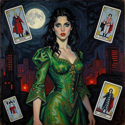 Digital painting of a pale-skinned woman with dark curly hair, green corseted dress, and red lips, surrounded by tarot cards against a