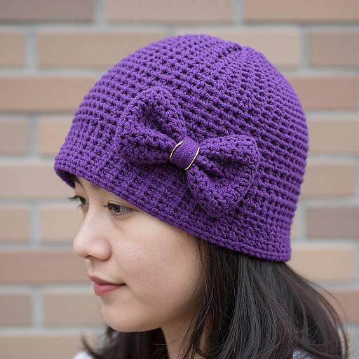 Photograph of a young woman with light skin and dark brown hair, wearing a knitted, purple beanie with a bow detail, against a brick