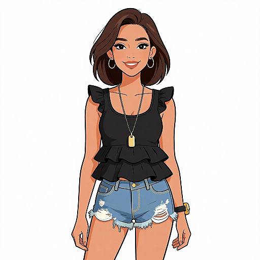 Digital illustration of a smiling woman with short brown hair, wearing a black ruffled top, denim shorts, dog tags, hoop earrings, and a wrist
