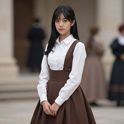 Photograph of an East Asian woman with long black hair, wearing a white shirt and brown pinafore dress, standing outdoors in front of a blurred