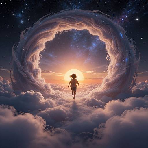 Digital art: Silhouetted figure with short hair walks through a glowing, cosmic, cloud-ring portal at sunset, surrounded by starry sky and