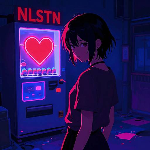 Neon-lit night scene: anime-style girl with short black hair, wearing a black choker and t-shirt, stands beside a glowing NLST