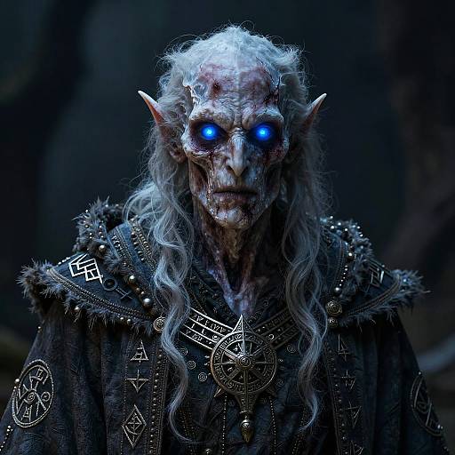 Digital artwork of a menacing, blue-eyed, gray-skinned elf with long, wavy hair, wearing a dark, fur-trimmed robe adorned