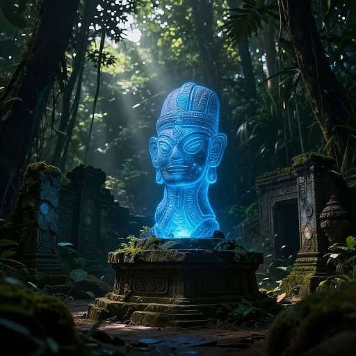 Photorealistic digital art: glowing blue, intricately carved stone head sculpture in dark, misty jungle ruins, surrounded by moss-covered ancient structures and