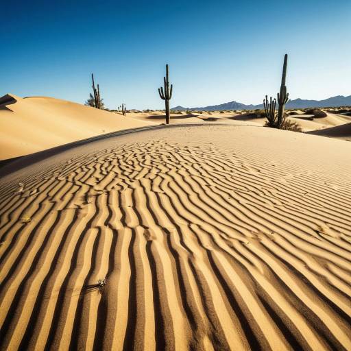 Golden Sand Dunes with Cacti under Clear Blue Sky
