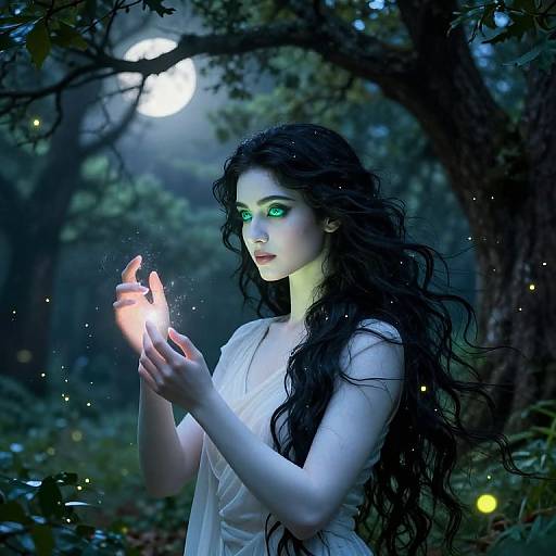 Digital fantasy portrait of a pale, green-eyed woman with long, wavy black hair, holding glowing light in a moonlit forest.