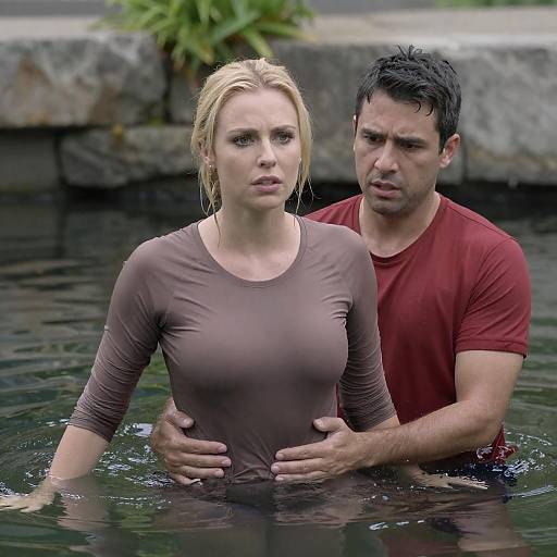 Concerned Couple Standing in Pond