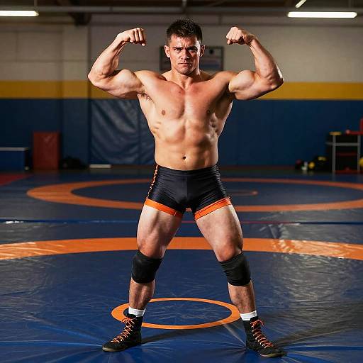 Photograph of a muscular, shirtless male wrestler with dark hair, flexing both biceps in a gym, wearing black shorts with orange trim,