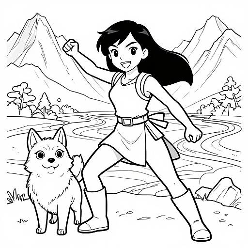 Black-and-white line drawing of a smiling girl with long black hair, wearing a dress and boots, walking a happy dog in a mountainous landscape with