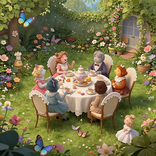 Digital artwork of a whimsical garden tea party with six children, colorful flowers, butterflies, and a fairy tale cottage in the background.