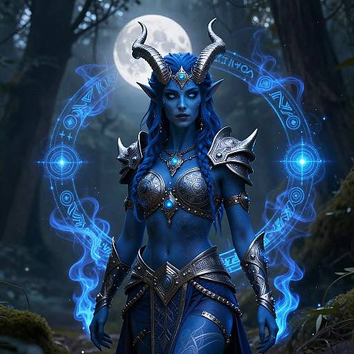 Digital artwork of a blue-skinned, horned female warrior with glowing blue magic circle and runes, wearing ornate armor, standing in a dark forest
