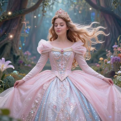Fairytale princess with long blonde hair, sparkling pink and silver ball gown, tiara, in enchanted forest with glowing flowers and trees. Digital art
