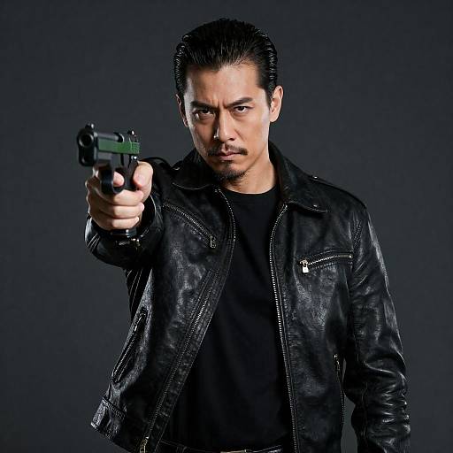 Intense Man with Gun in Leather Jacket