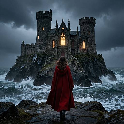 Woman in Red Cloak at Gothic Castle