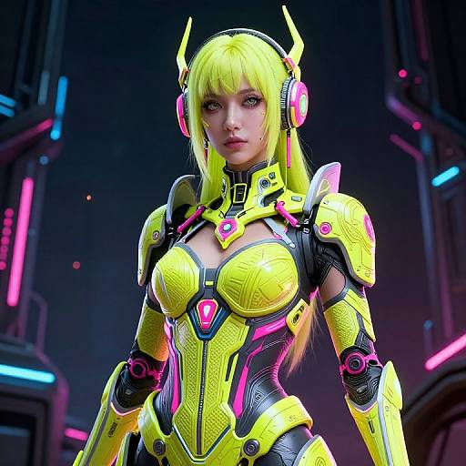 Cyberpunk digital artwork of a blonde woman with neon yellow armor, pink accents, and horned helmet in a futuristic neon-lit city.