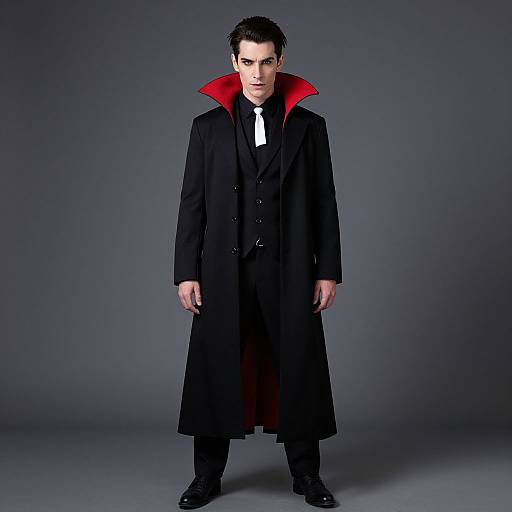Photograph of a serious-looking man with dark hair, wearing a black long coat with a red inner collar, black shirt, tie, and black pants