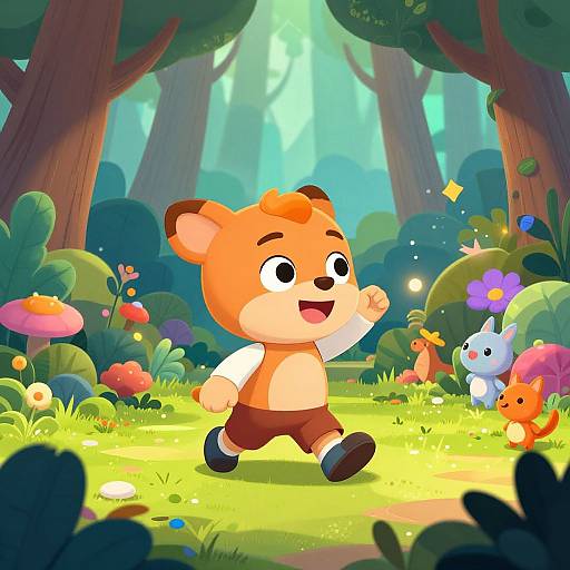 Cute cartoon bear boy in brown shorts runs through vibrant forest, surrounded by colorful mushrooms, flowers, and playful animals. Bright, sunny, whimsical