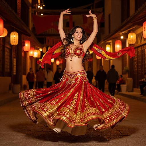 Photograph of a dancing woman in a red and gold traditional belly dance outfit, with a red scarf, illuminated street at night.