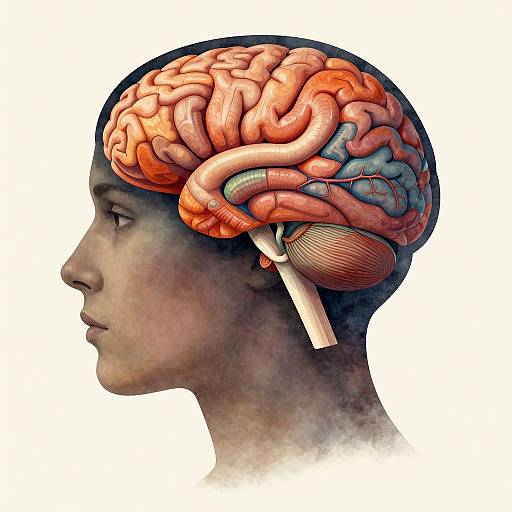 Digital artwork of a human side profile showing a detailed, colorful brain with visible arteries and veins, against a white background.