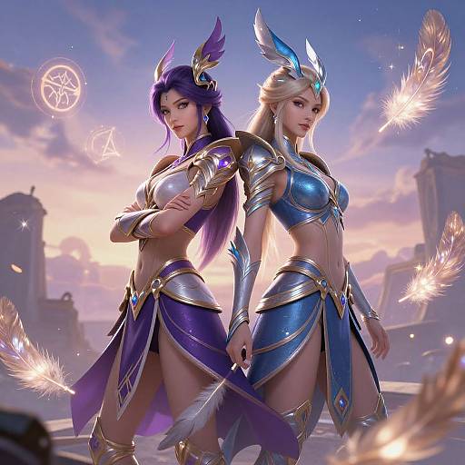 Digital artwork of two fierce, armored, fantasy warriors with purple and blonde hair, back-to-back, glowing feathers, and magical symbols in a sunset city