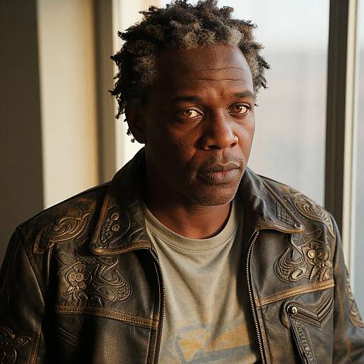 Photograph of a serious African-American man with short, curly gray hair, wearing a detailed, dark brown leather jacket over a gray t-shirt, standing