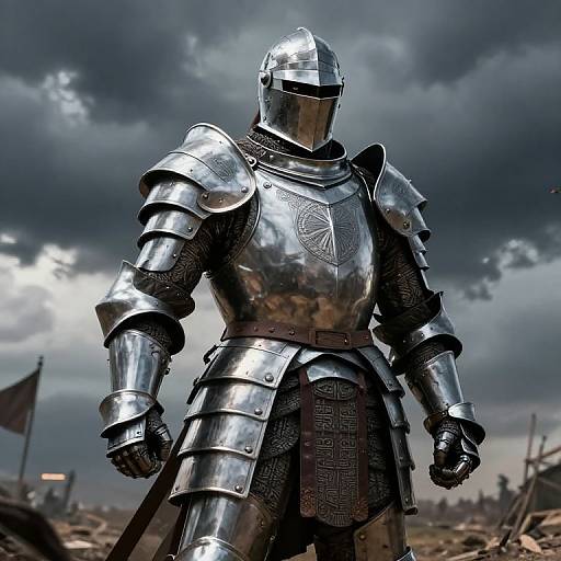 Photorealistic CGI of a silver, armored knight standing in a stormy battlefield, with dark clouds and scattered debris in the background.
