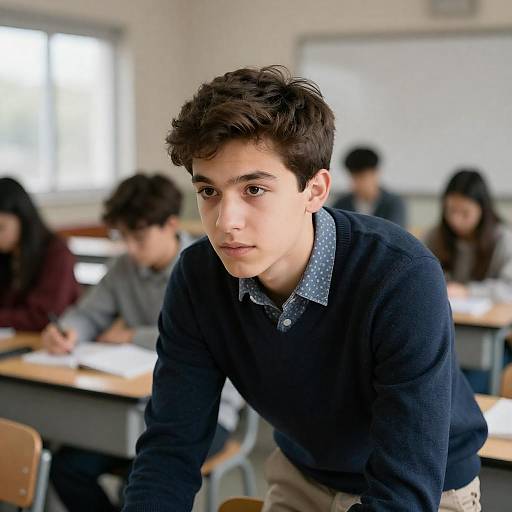 Focused Student Leaning Forward in Classroom
