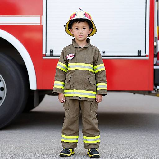 Photograph of a young boy in a firefighter costume, including helmet, standing in front of a bright red fire truck.