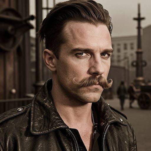 Photorealistic digital portrait of a serious, mustached man with slicked-back brown hair, wearing a black leather jacket, set against a blurred urban