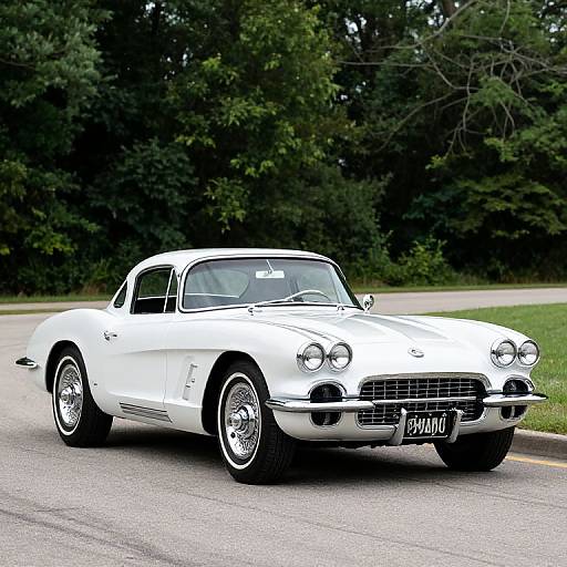 Photograph of a pristine, white, vintage 1960s Chevrolet Corvette driving on a tree-lined street, showcasing its sleek design and classic chrome details