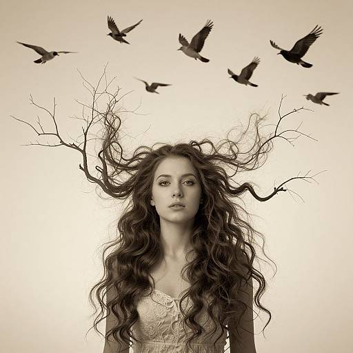 Sepia-toned photograph of a long-haired woman with flowing locks, bare tree branches behind her head, and silhouetted birds flying above.